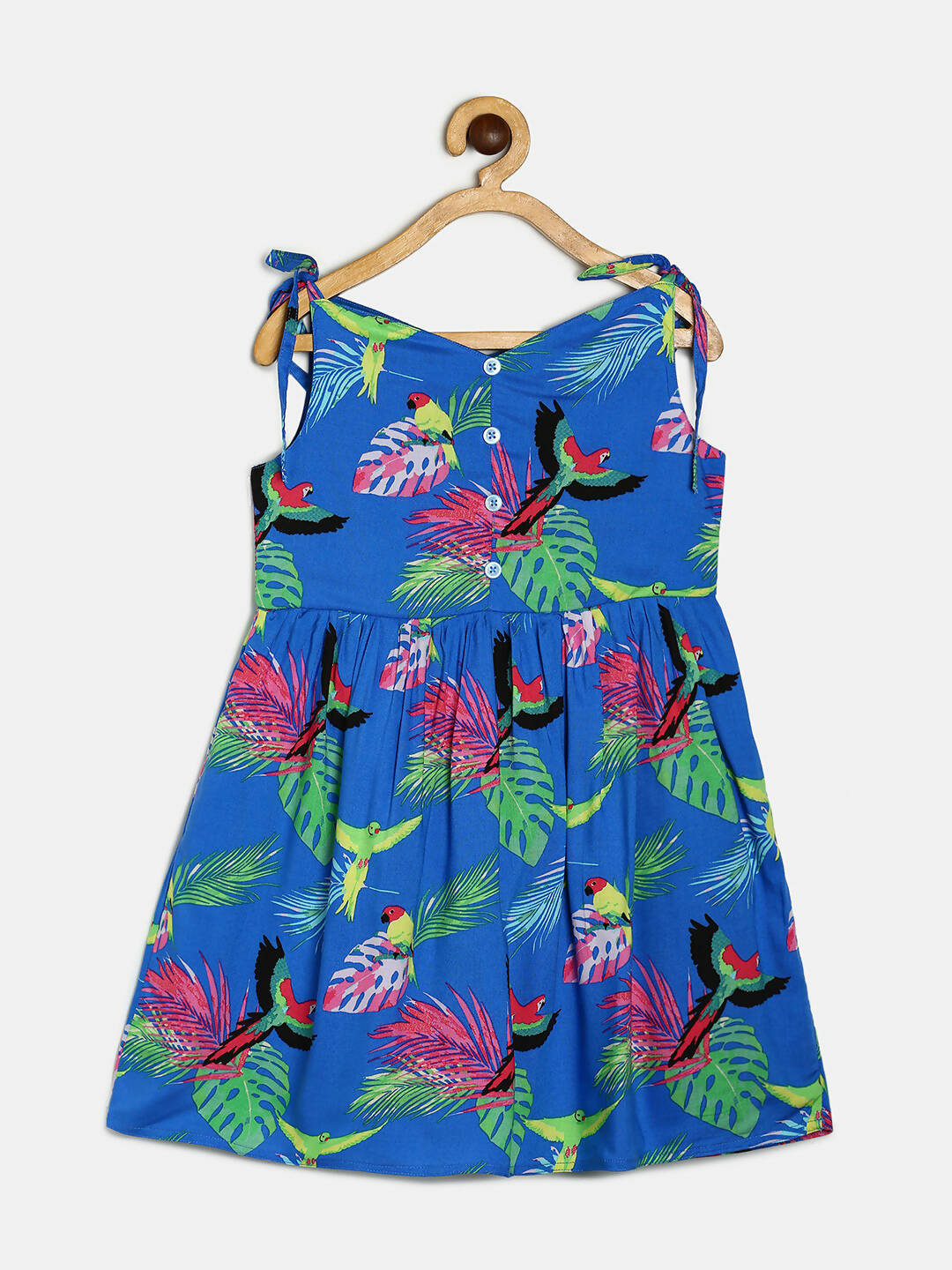 Manet Girls Cotton String Tie Frock Parrot Printed - Blue - Distacart