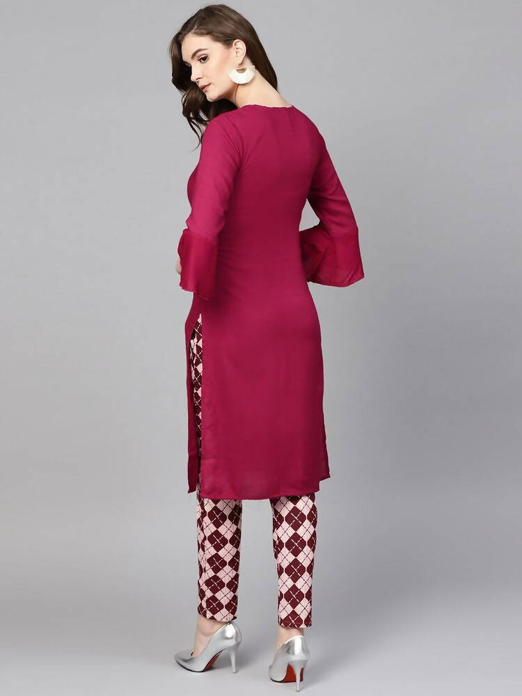 Yufta Women Burgundy Solid Bell Sleeves Straight Kurta with Tassel Detail