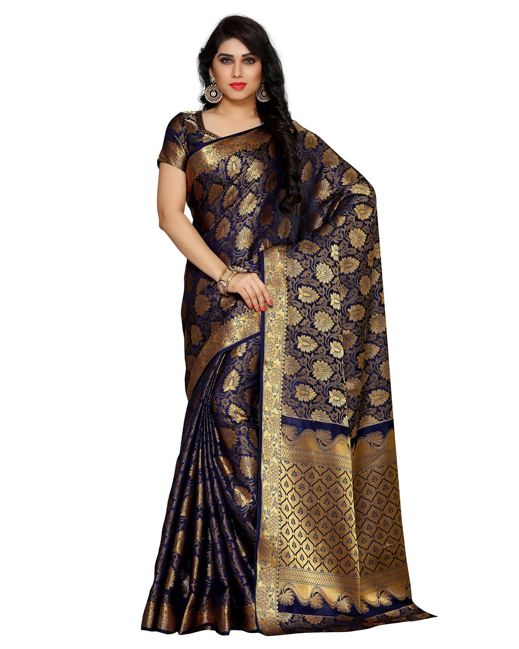 Mimosa Women's Kanchipuram Silk Navy Blue Saree - Distacart