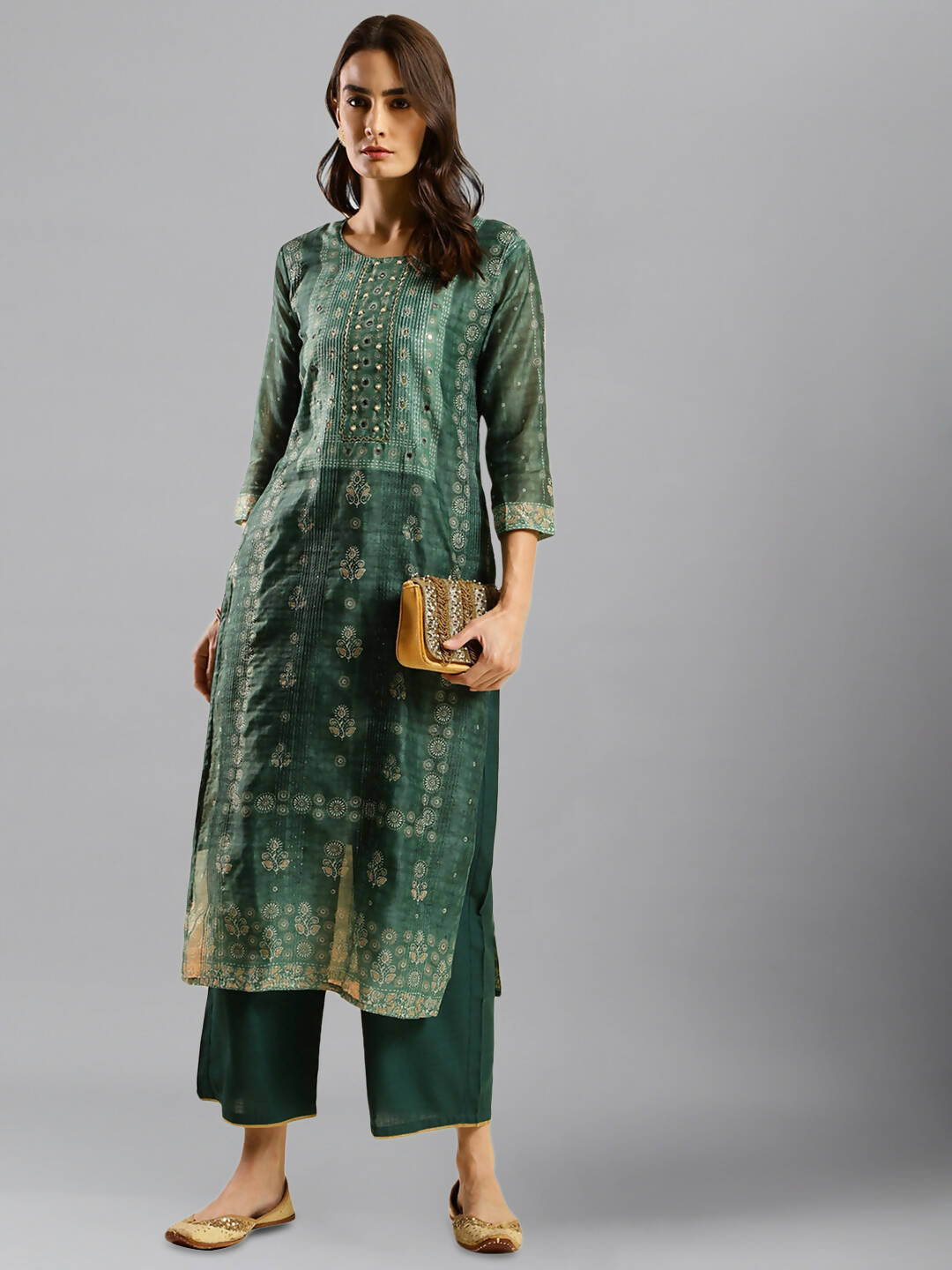 Sea Green Chinon Digital Printed With Hand Work Kurta - Himanshi - Distacart