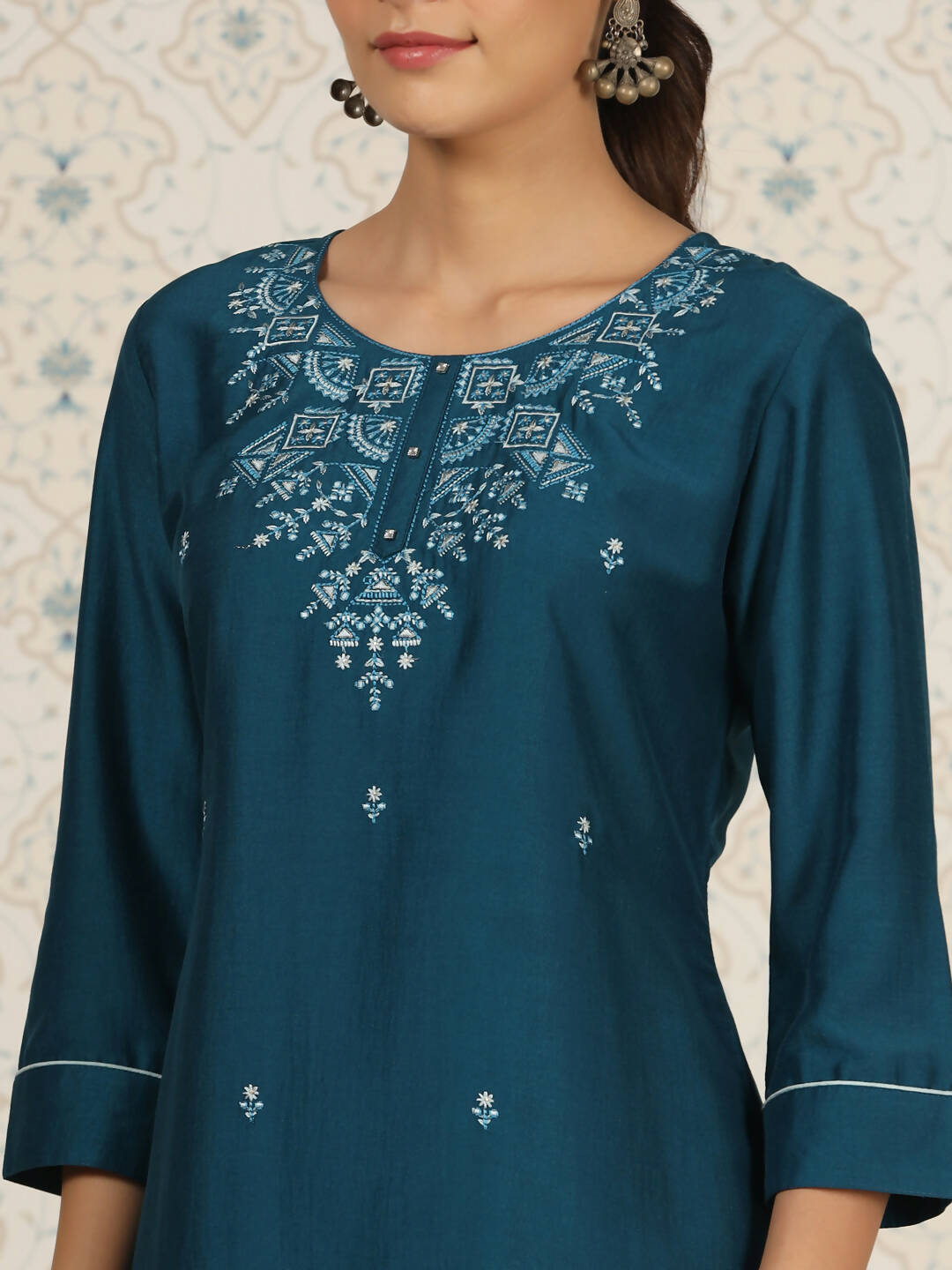 Teal Chinon Embroidered Straight Top - Zeny - Distacart