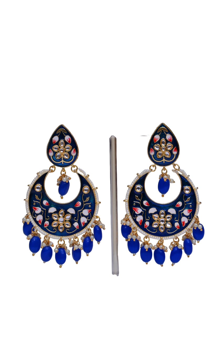 Gold Plated Brass & Pearl Dangle Women Royal Blue Hand Painted Meenakari Chandbali Earrings By House of Ree - Distacart