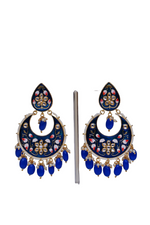Thumbnail for Gold Plated Brass & Pearl Dangle Women Royal Blue Hand Painted Meenakari Chandbali Earrings By House of Ree - Distacart