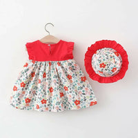 Thumbnail for Bold N Elegant Cotton Floral Printed Ruffle Sleeve Princess Dress Frock With Fabric Hat Cap - Red - Distacart