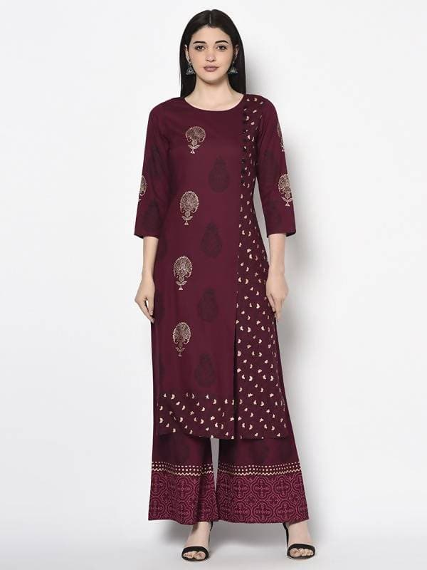 Aniyah Rayon Wine Color Block Print Straight Kurta (AN-175K)