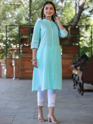 Juniper Women's Seagreen Cotton Slub Embroidered Straight Kurta - Distacart