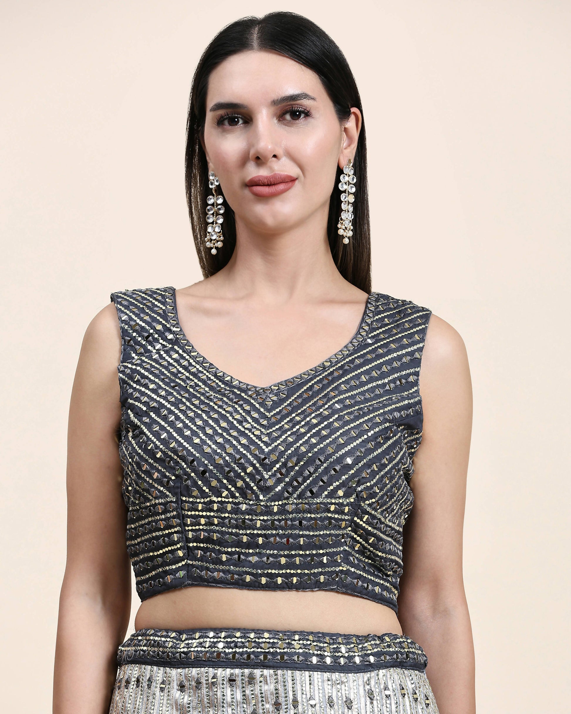 Grey Organza Mirror With Coding Work Lehenga Choli with Dupatta - Tanya - Distacart