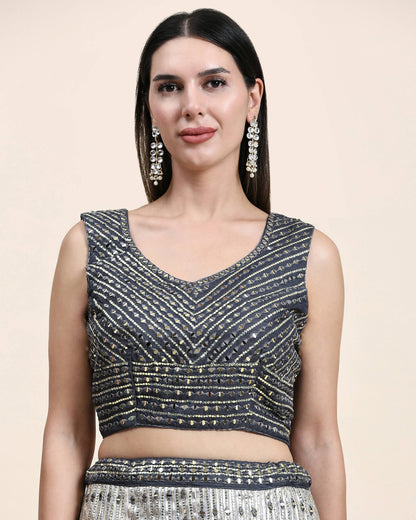 Grey Organza Mirror With Coding Work Lehenga Choli with Dupatta - Tanya - Distacart