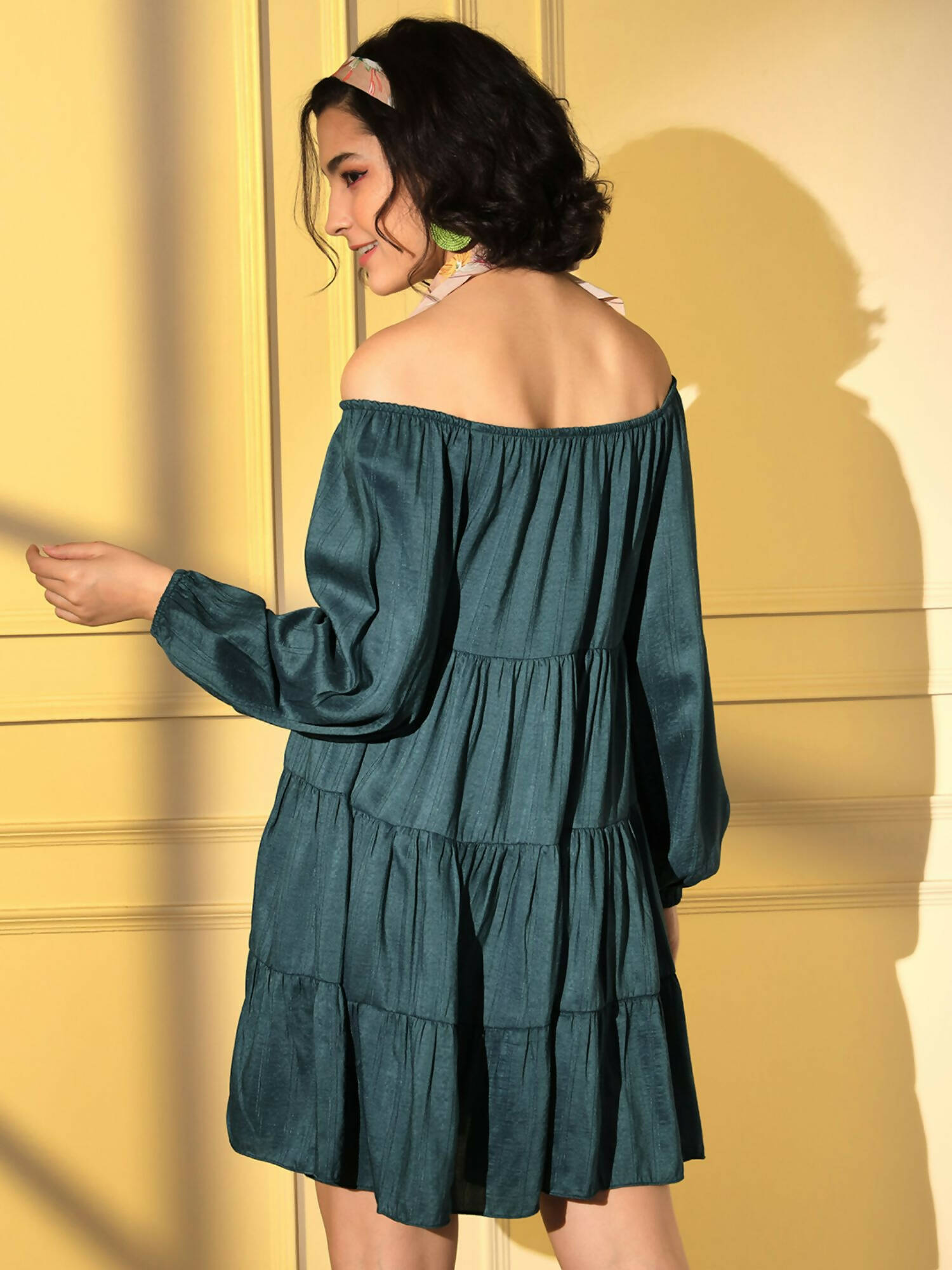 Teal Viscose Solid Design Flared Dress - Shivani - Distacart