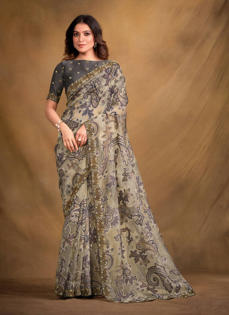 Grey Burning Tissue Designer Saree with Unstitched Blouse - Norita Mahitha - Distacart