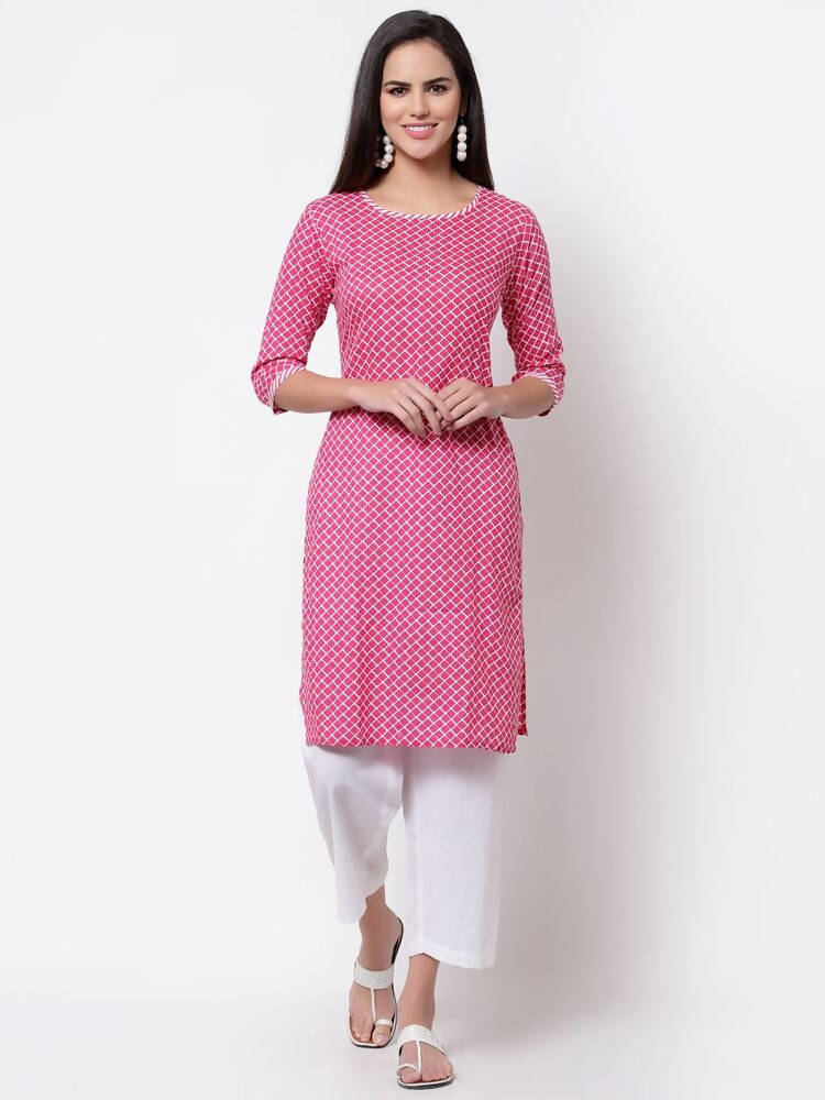Myshka Women's Pink Cotton 3/4 Sleeve Round Neck Printed Casual Kurta