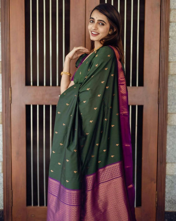 DEIANA'S Beautiful Golden Jari with New Design Soft Lichi Silk Saree - Green - Distacart