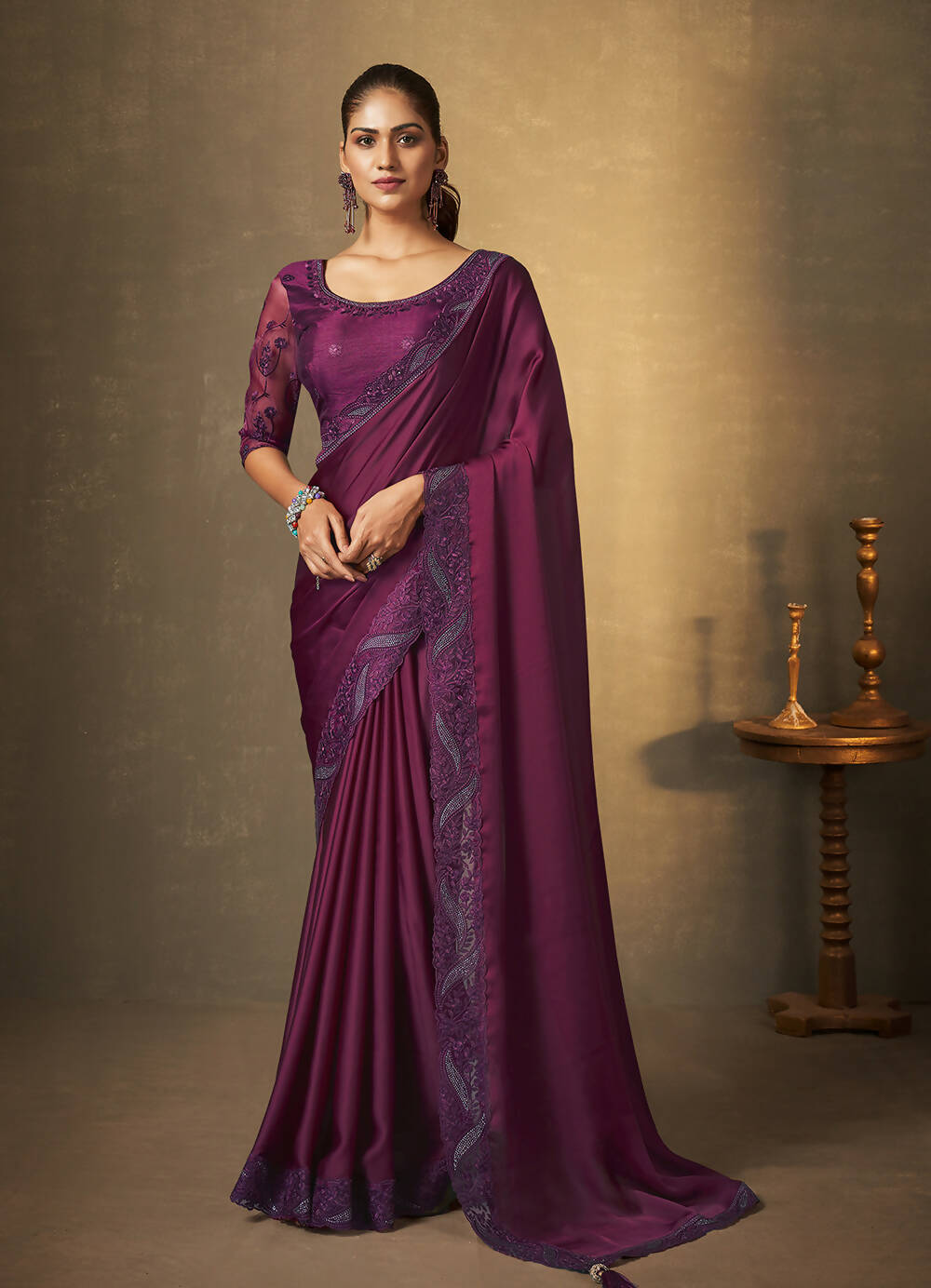 Purple Satin Silk Thread Embroidered with Swaroski Work Saree With Unstitched Blouse Piece - Norita Royal Erisha - Distacart