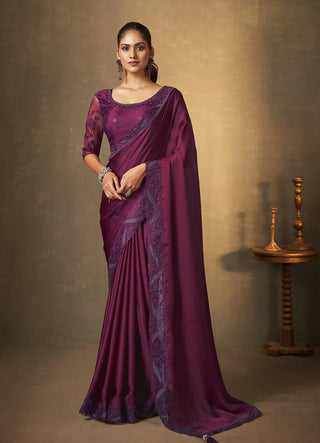 Purple Satin Silk Thread Embroidered with Swaroski Work Saree With Unstitched Blouse Piece - Norita Royal Erisha - Distacart
