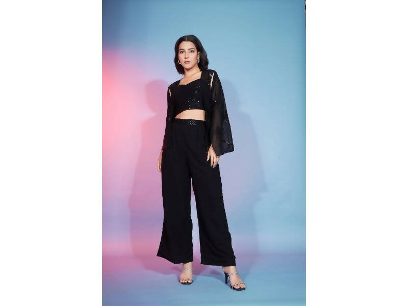 Black Georgette Sequence With Thread Designer Co-Ord Set - Flory - Distacart