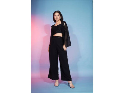 Black Georgette Sequence With Thread Designer Co-Ord Set - Flory - Distacart