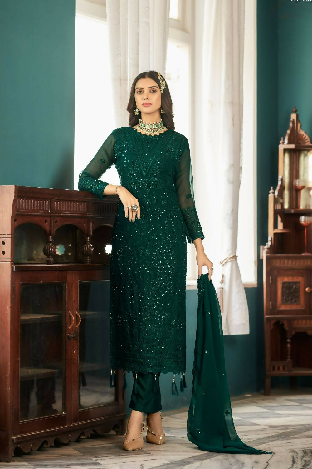 Dark Green Heavy Faux Georgette Embroidered Semi Stitched Suit - Dhvani - Distacart
