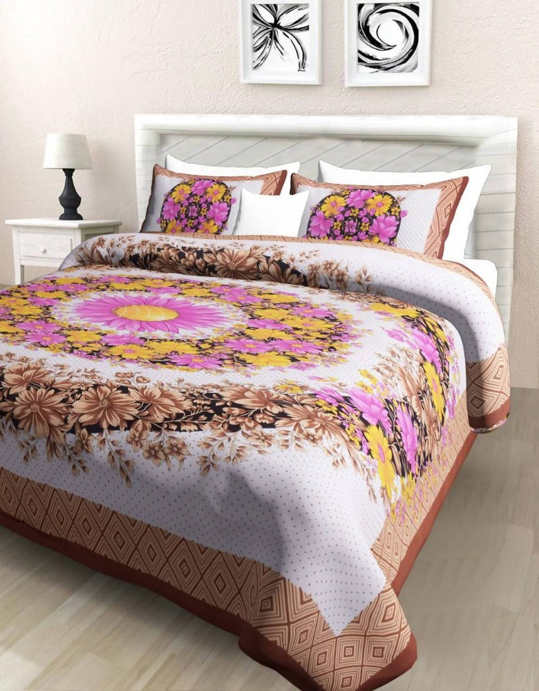 Vamika Printed Cotton Brown Bedsheet With Pillow Covers