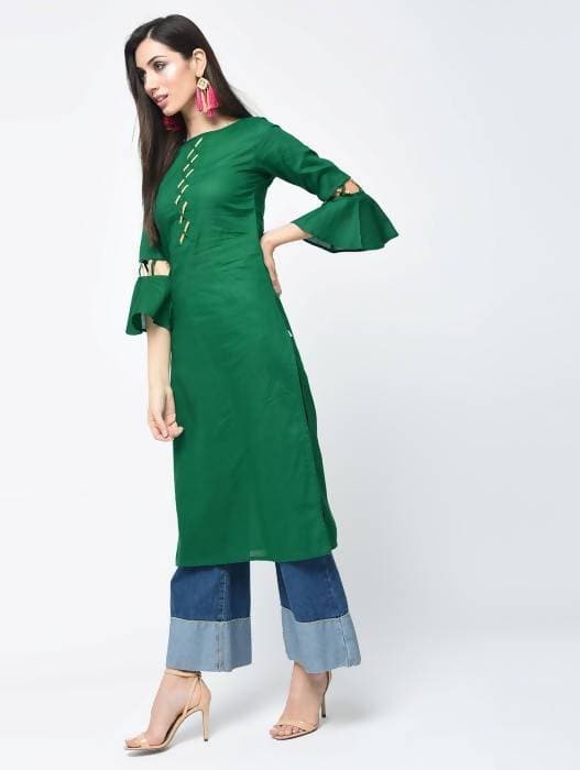 Aniyah Cotton Criss Cross Bell Sleeves Straight Thick Green Kurta (AN-101K)