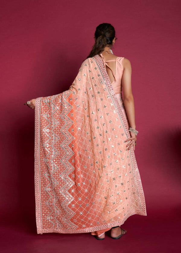 Vamsee Peach & White Georgette Designer Saree - Distacart