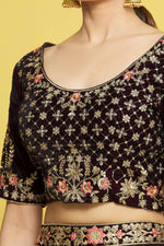 Thumbnail for Wine Velvet Semi-Stitched Wedding Bridal Lehenga - Nimaya - Distacart