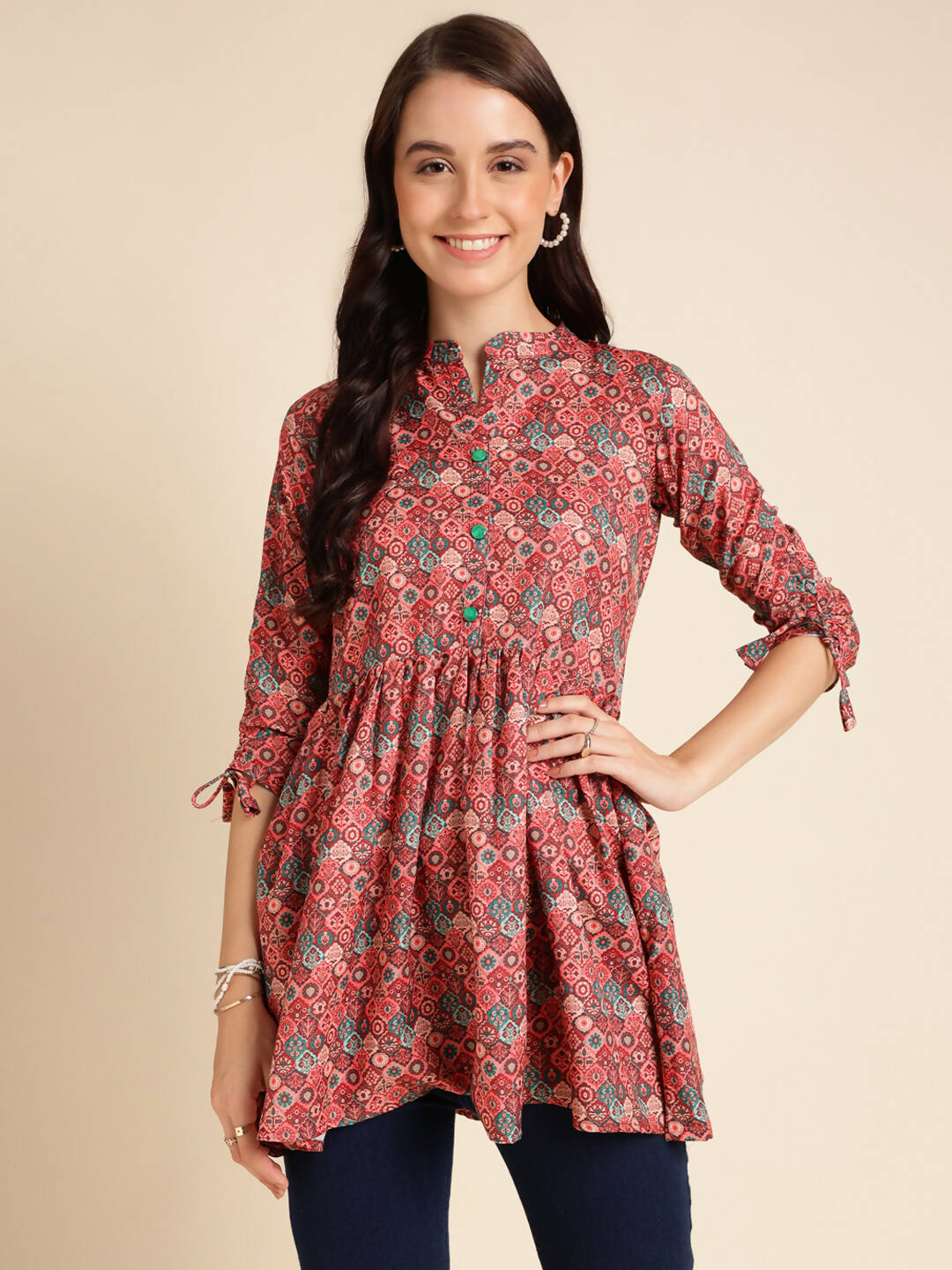 Red Poly Rayon Digital Printed A-line Top - Tarini - Distacart