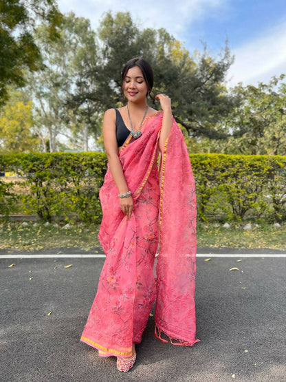 Vamsee Pink Organza Saree - Distacart