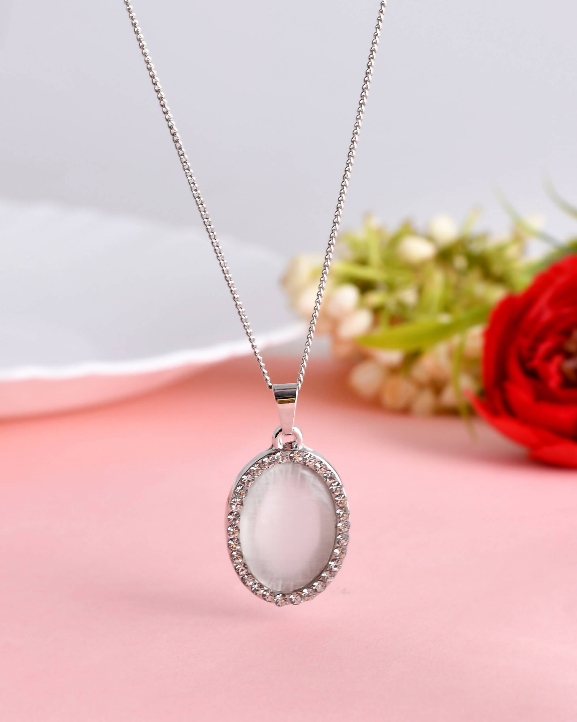 VOJ Women Beads Stainless Steel Sliver-Plated Chain with Oval-Shape Pendant - Distacart