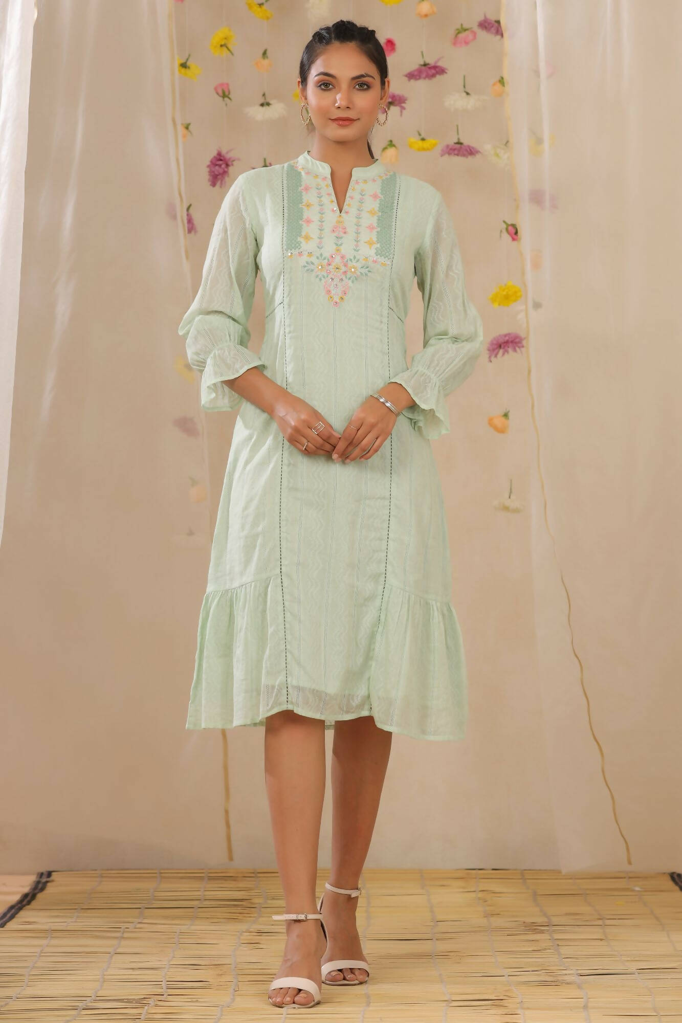 Juniper Women Sagegreen Cotton Dobby Woven Design A-Line Dress - Distacart