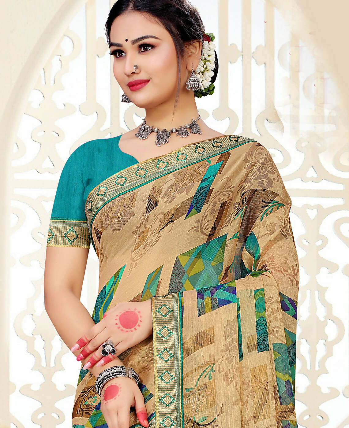 Beige Chiffon Brasso Printed Saree With Unstitched Blouse Piece - Jyoti - Distacart