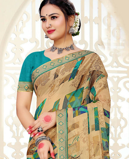 Beige Chiffon Brasso Printed Saree With Unstitched Blouse Piece - Jyoti - Distacart