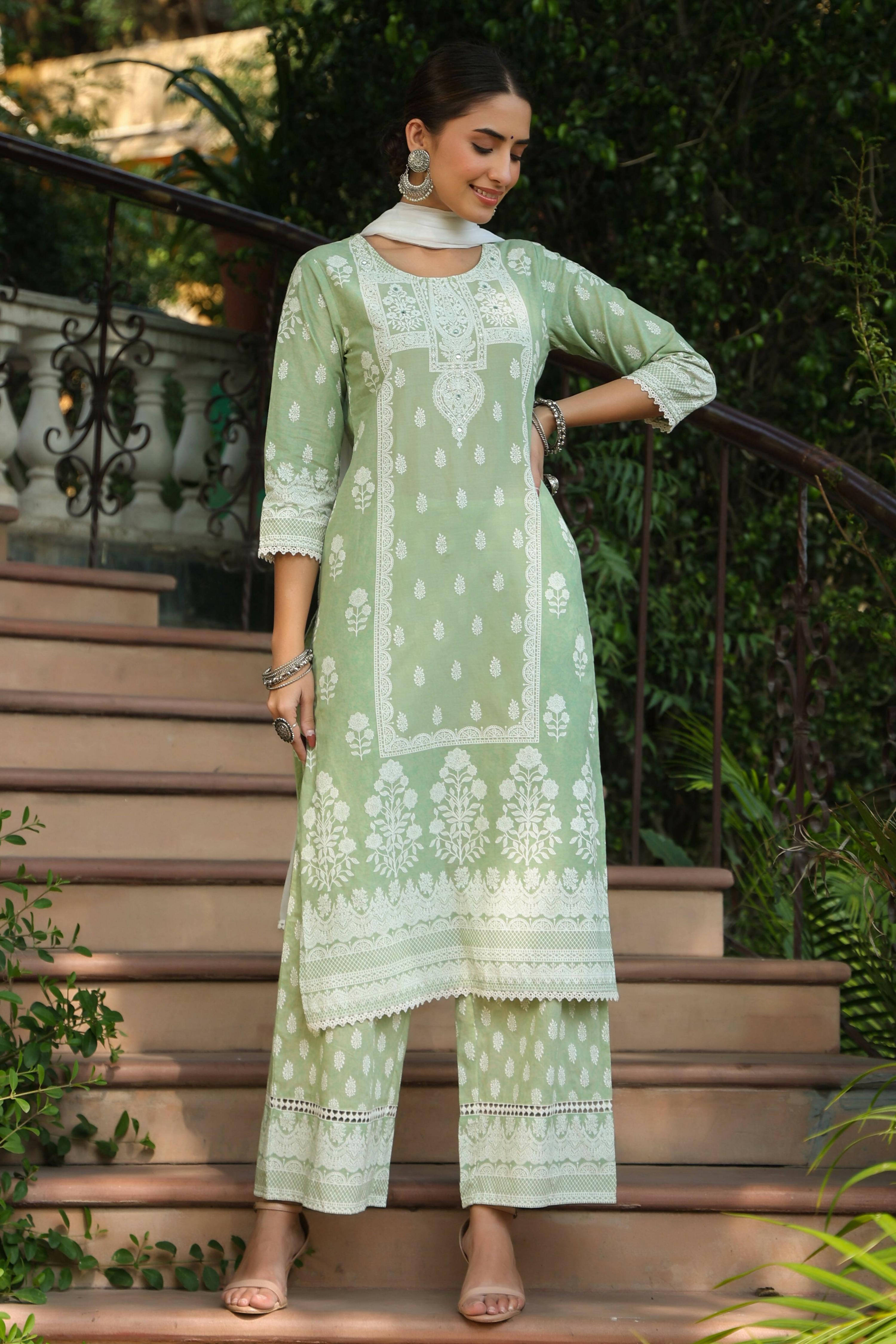 Juniper Women's Green Cambric Printed Straight Kurta Sets - Distacart