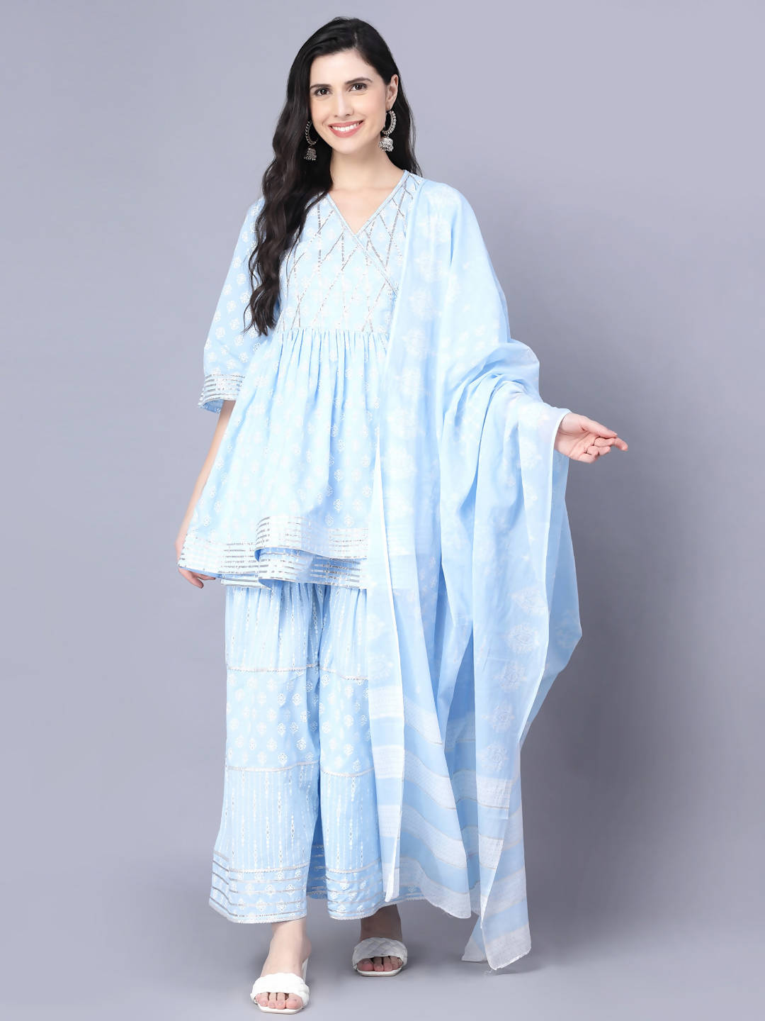 Myshka Cotton Printed 3/4 Sleeve V Neck Turquoise Blue Women Sharara Set - Distacart