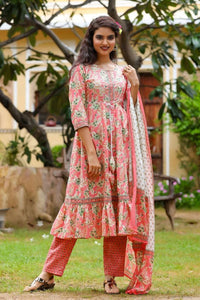 Thumbnail for Yufta Pink Printed Tiered Kurta with Trouser and Dupatta