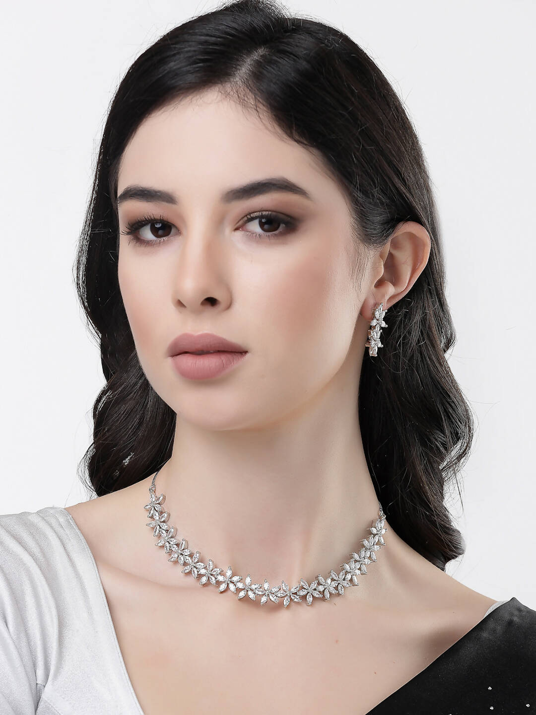 NVR Women Silver Plated Cz Stone Handcrafted Jewellery Set - Distacart