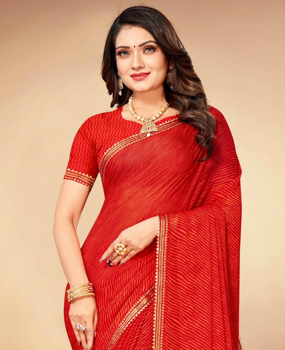 Red Chiffon Leheriya Printed Saree With Unstitched Blouse Piece - Swarna - Distacart
