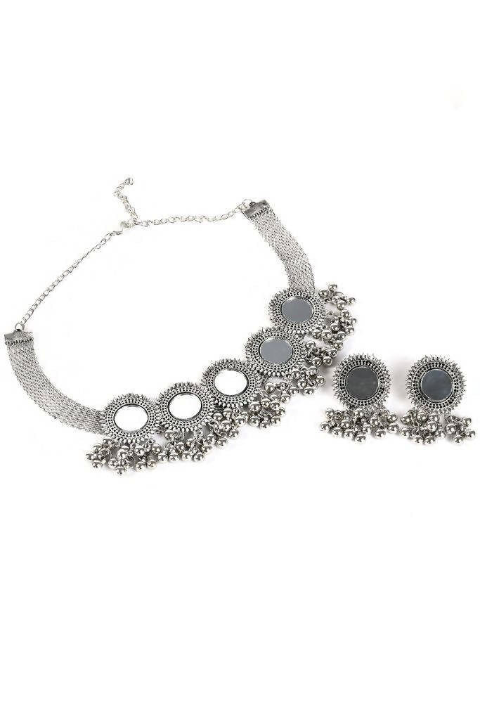 Tehzeeb Creations Oxidised Necklace And Earrings With Mirror And Ghunghru Design