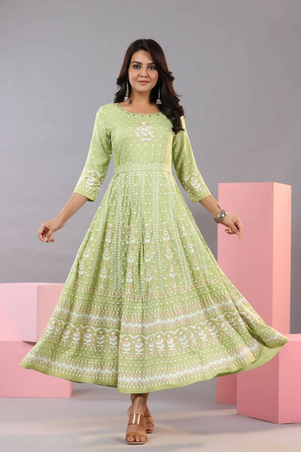 Juniper Women Green Rayon Staple Printed Maxi Dress - Distacart