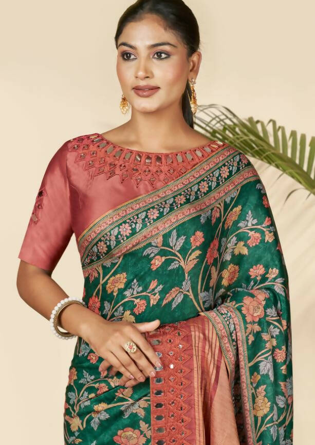 Green Gajji Silk Floral Print with Hand Mirror work Border Saree - Norita Nirvi - Distacart