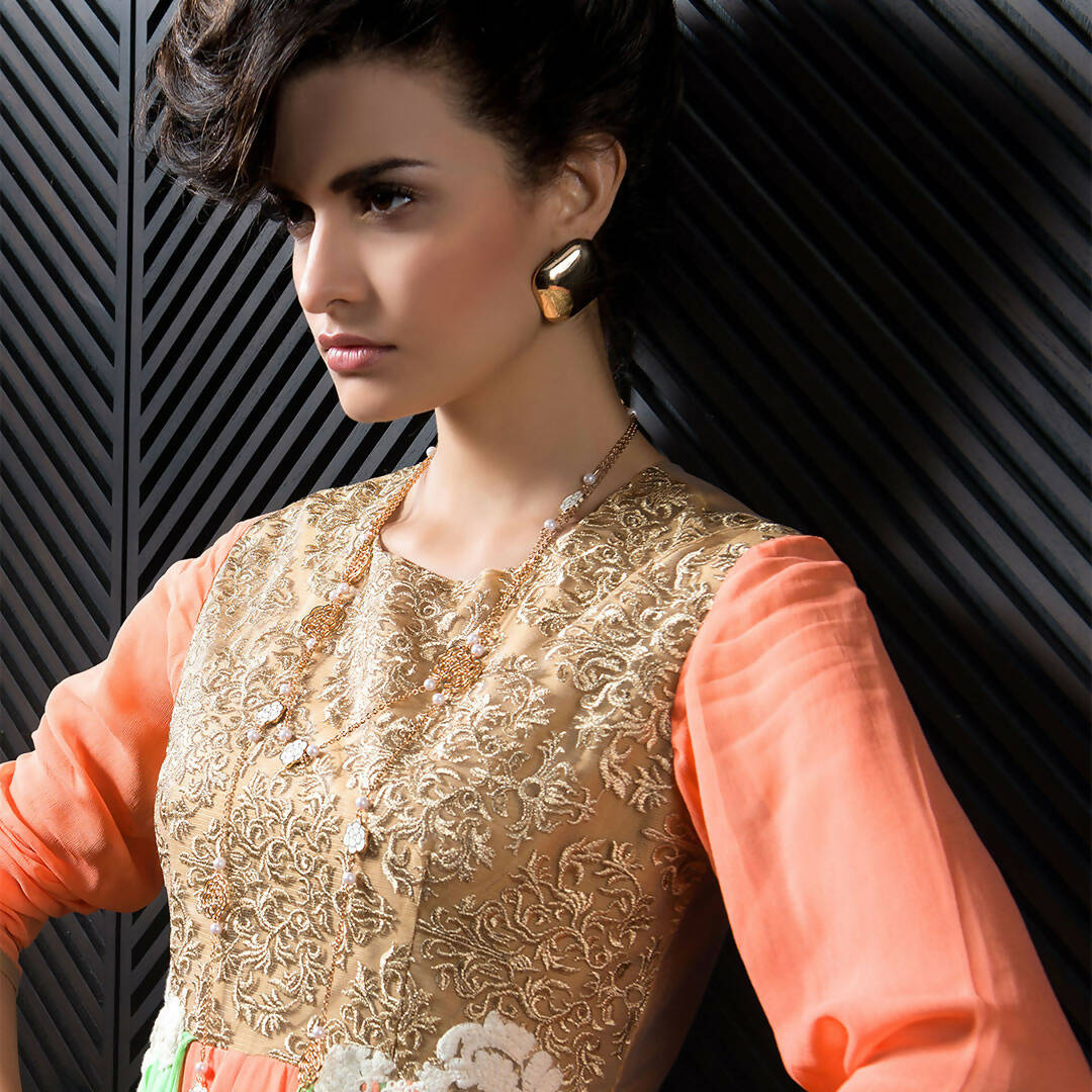 Orange Georgette Floral Embroidered A-line Kurti - Missy - Distacart