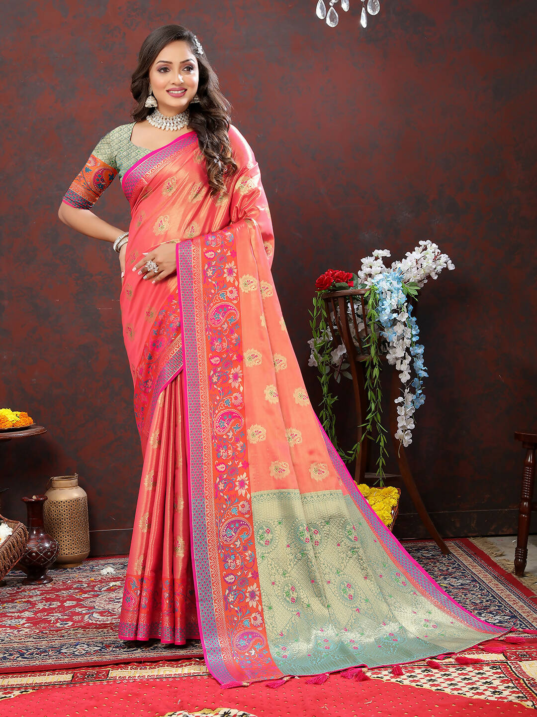 Lorenvalley Fashion Peach Kanjivaram Silk Woven Design with Zari Weaving Saree - Distacart