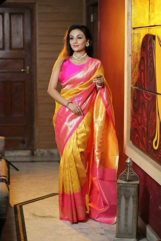 DEIANA'S Beautiful Golden Jari with New Design Soft Lichi Silk Saree - Yellow - Distacart