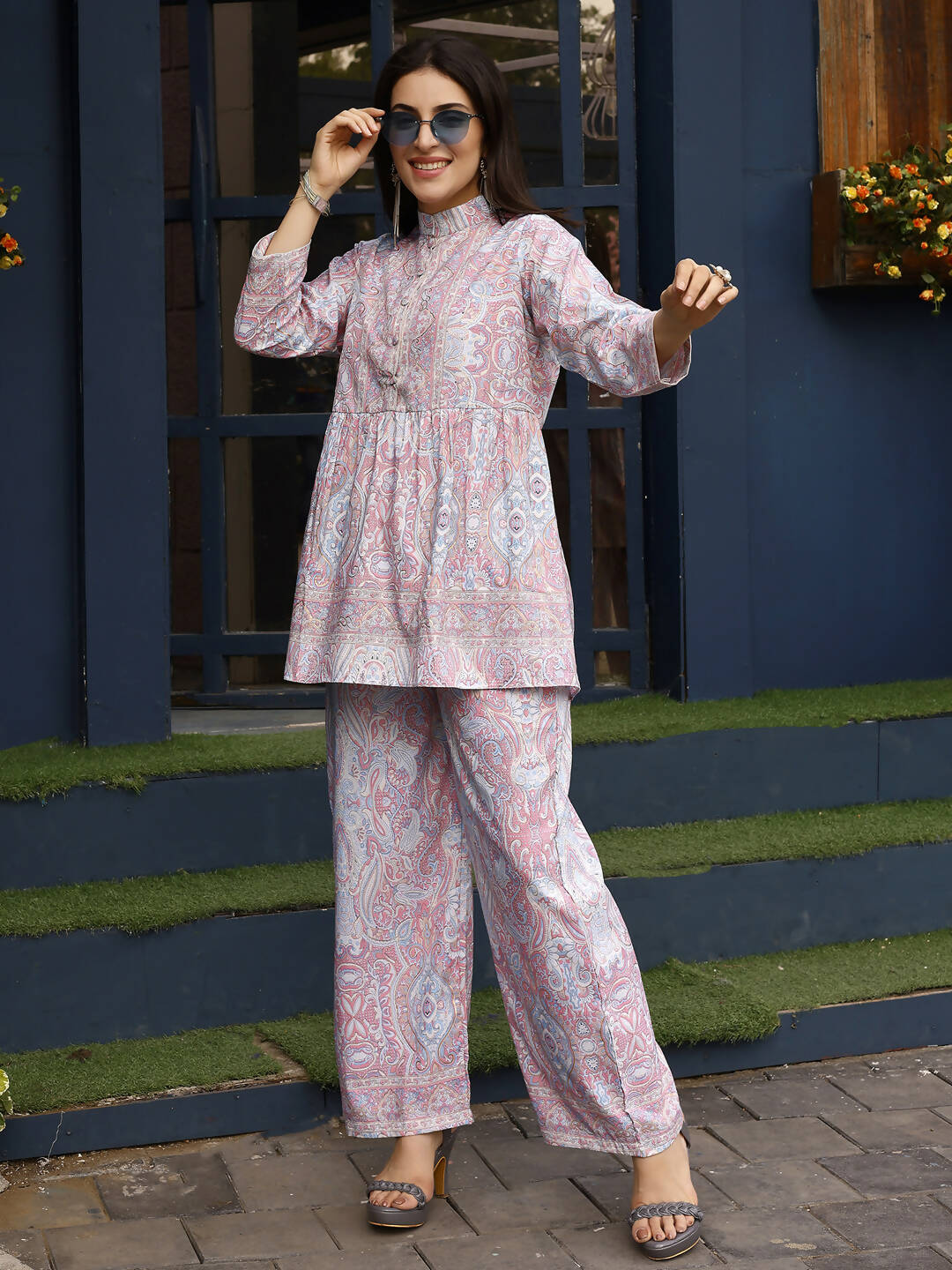 Light Pink Rayon Floral Printed Top with Matching Bottom - Eesha - Distacart