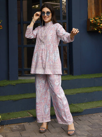 Light Pink Rayon Floral Printed Top with Matching Bottom - Eesha - Distacart