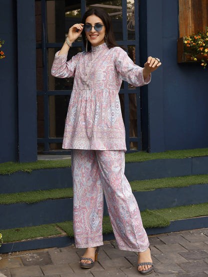 Light Pink Rayon Floral Printed Top with Matching Bottom - Eesha - Distacart