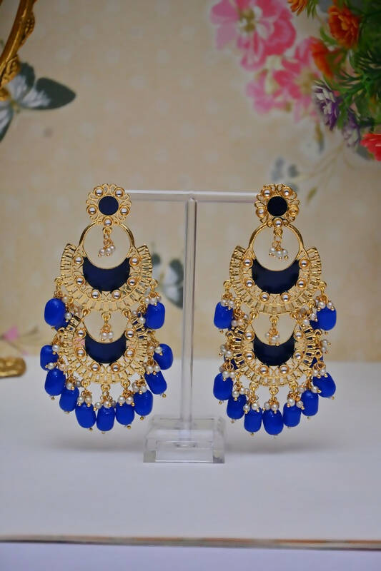 Meenakari Work Gold Plated 2 Layered Beaded Royal Blue Chandbali Earrings with Kundan and Pearl Work By House of Ree - Distacart