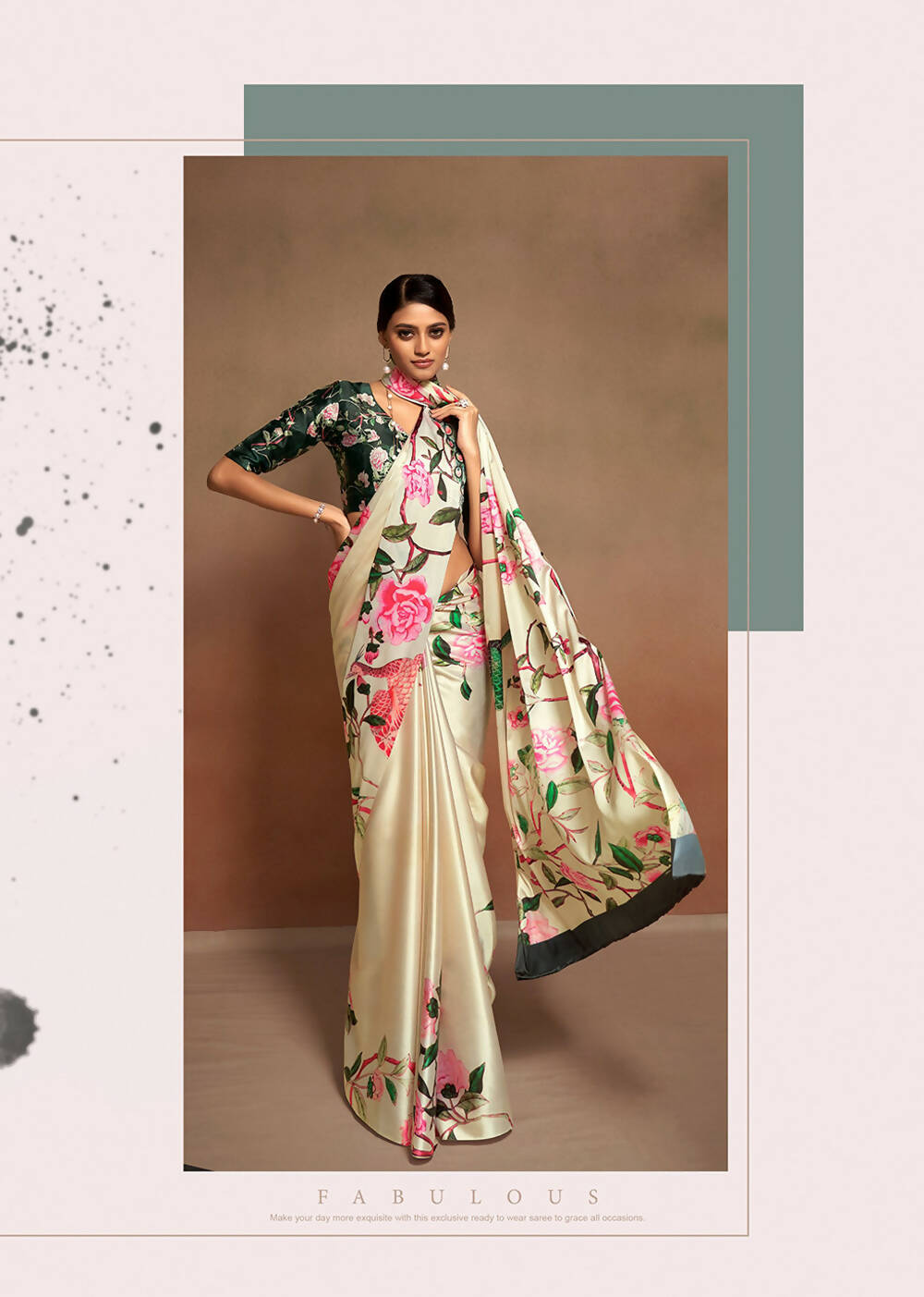 Beige Satin Digital Printed Saree with Unstitched Blouse Piece - Jodha - Distacart