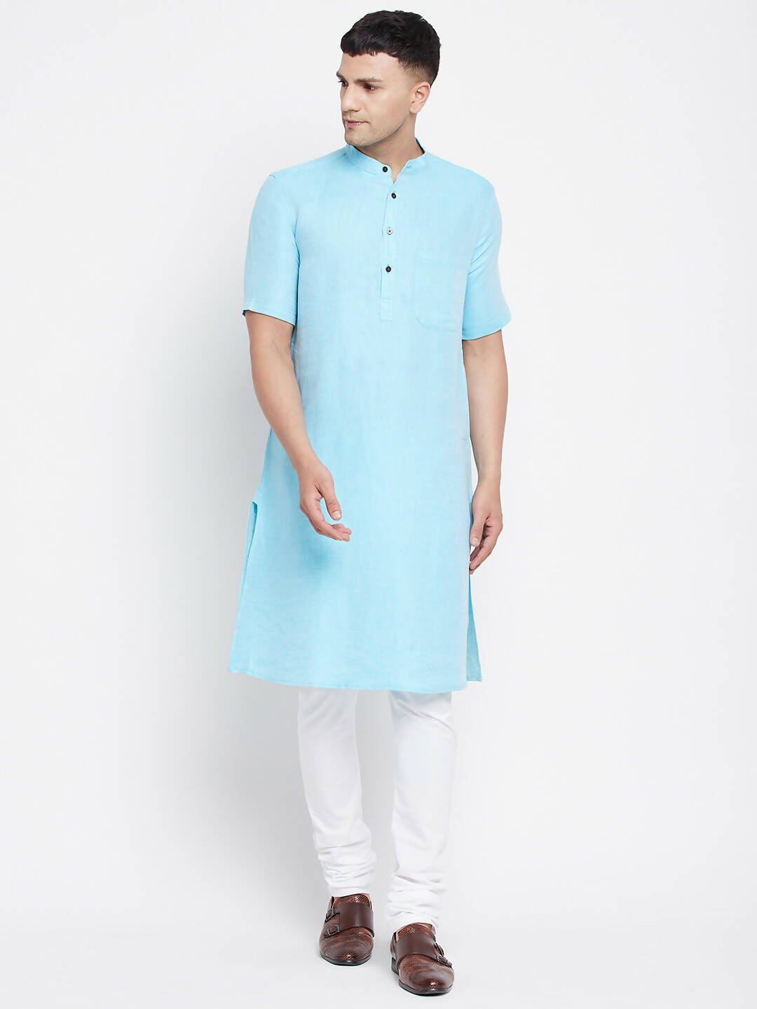 Even Apparels Blue Color Pure Cotton Men's H/S Kurta With Band Collar - Distacart
