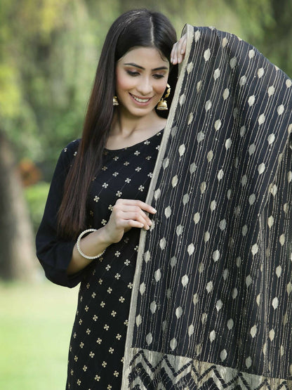 Juniper Women's Black Rayon Embellished Straight Kurta Sets - Distacart