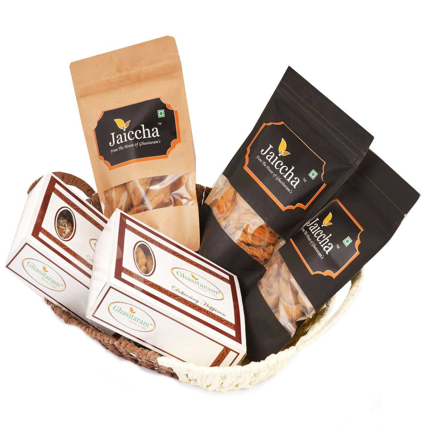 Ghasitaram Brown Basket of Traditional Gujiyas, Dry Sweet Gujiyas, Gujiya Namkeen, Soya Sticks, Farsaan Samosa & Flavoured Almonds Pouch - Distacart